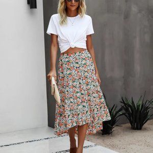Floral Ruffle Swing Midi Skirt